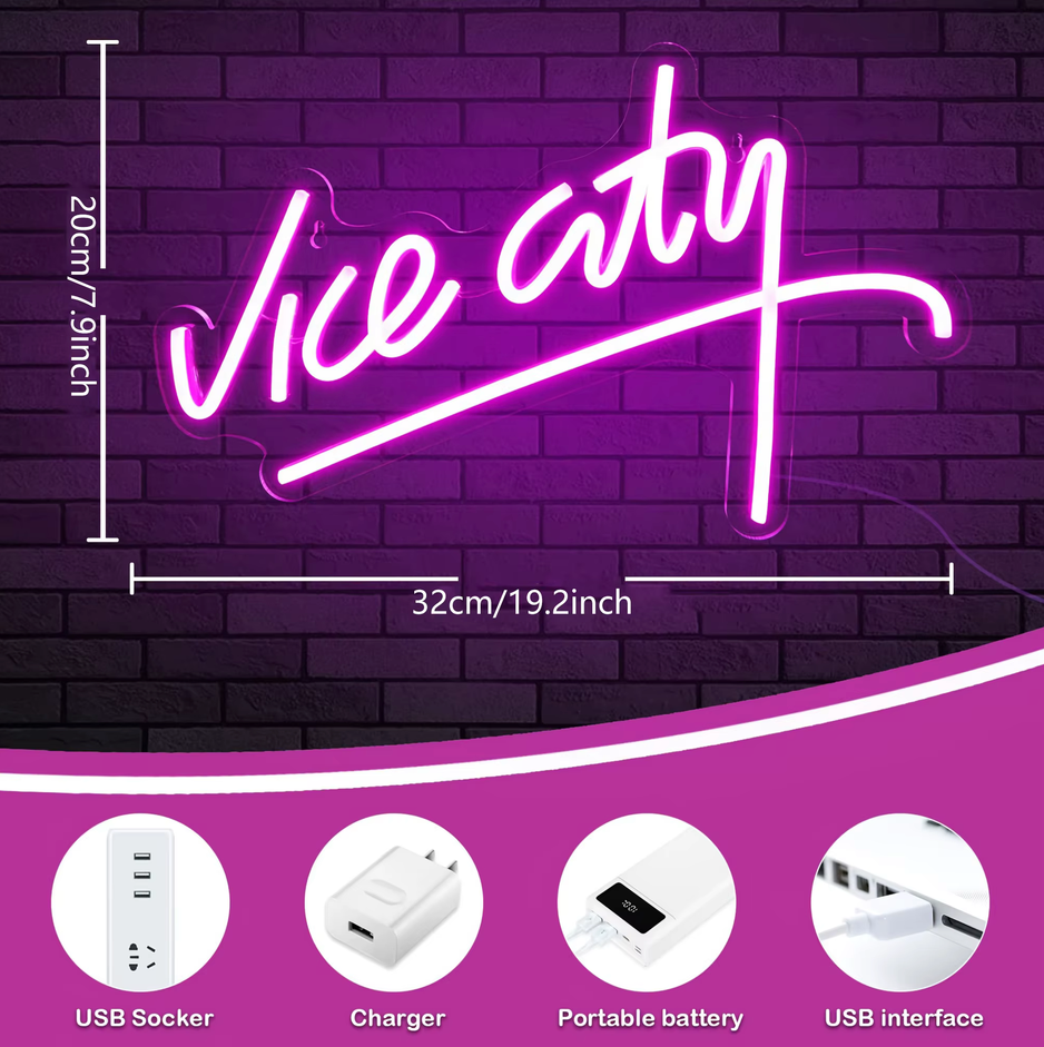 Letrero Neón Led Vice City Fucsia Para Decoración Gamer