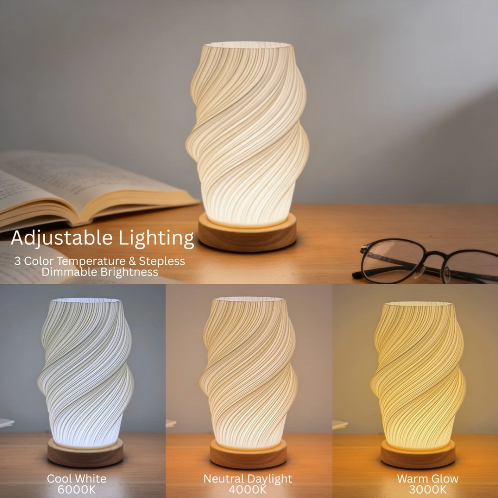 Lámpara De Velador Diseño Ondulado Moderno Base Madera