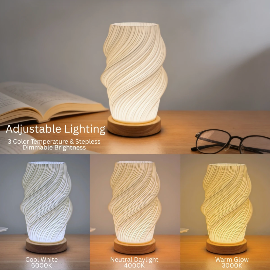 Lámpara De Velador Diseño Ondulado Moderno Base Madera
