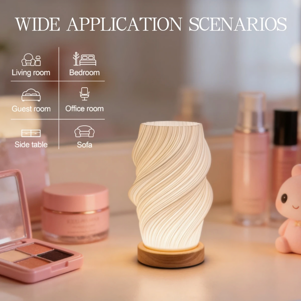Lámpara De Velador Diseño Ondulado Moderno Base Madera