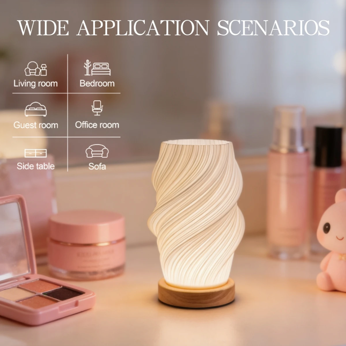 Lámpara De Velador Diseño Ondulado Moderno Base Madera