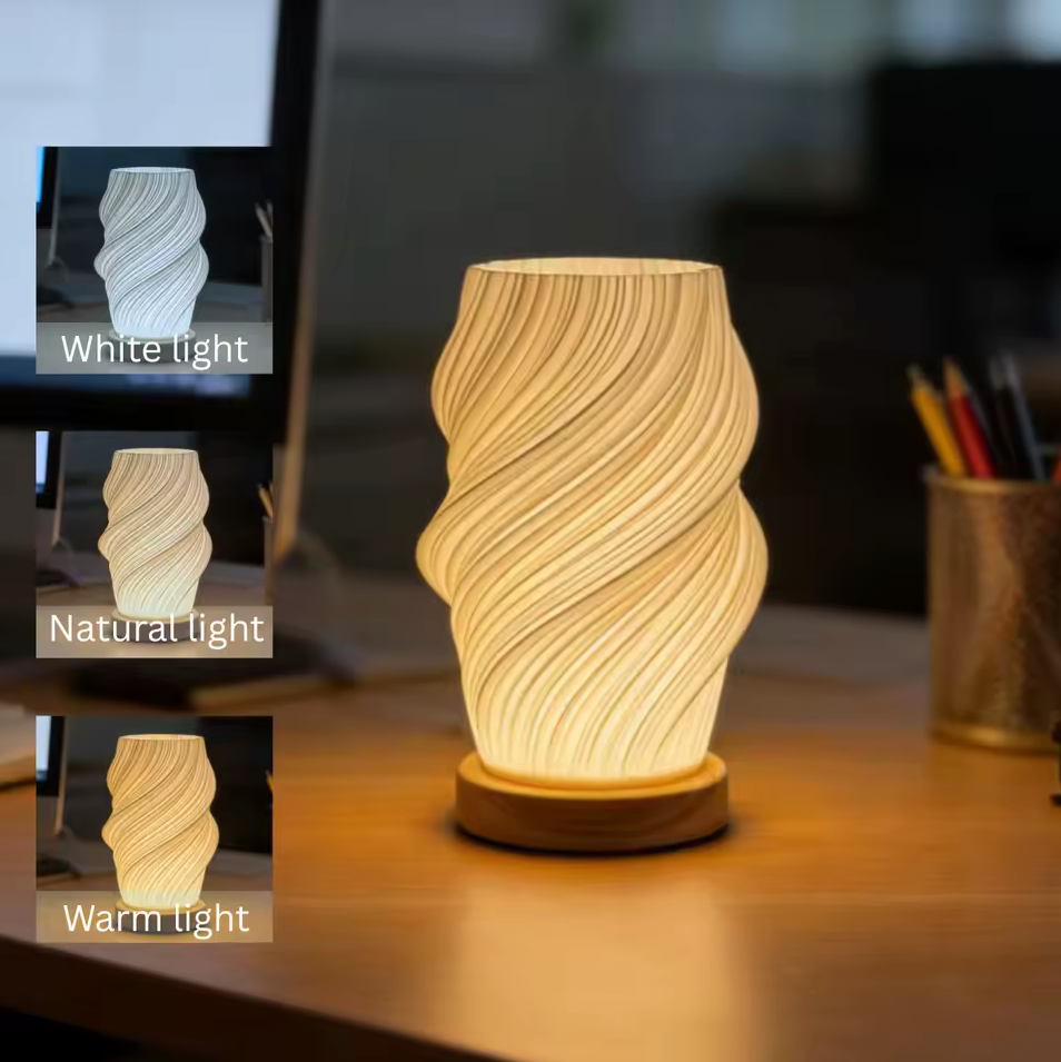 Lámpara De Velador Diseño Ondulado Moderno Base Madera