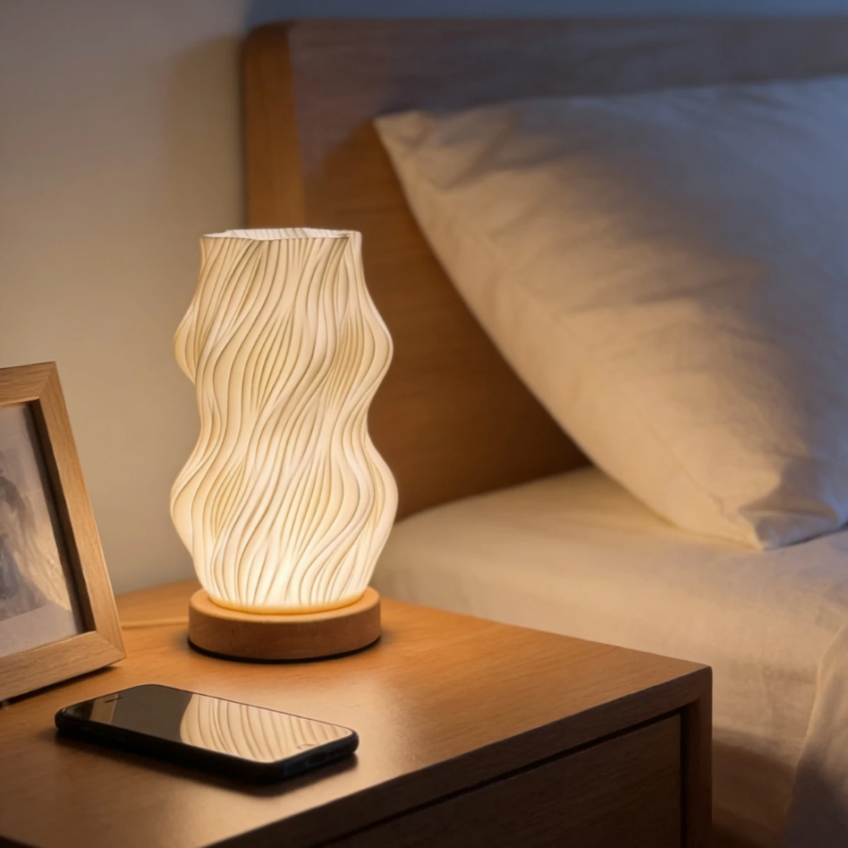 Lámpara De Velador Diseño Ondulado Moderno Base Madera